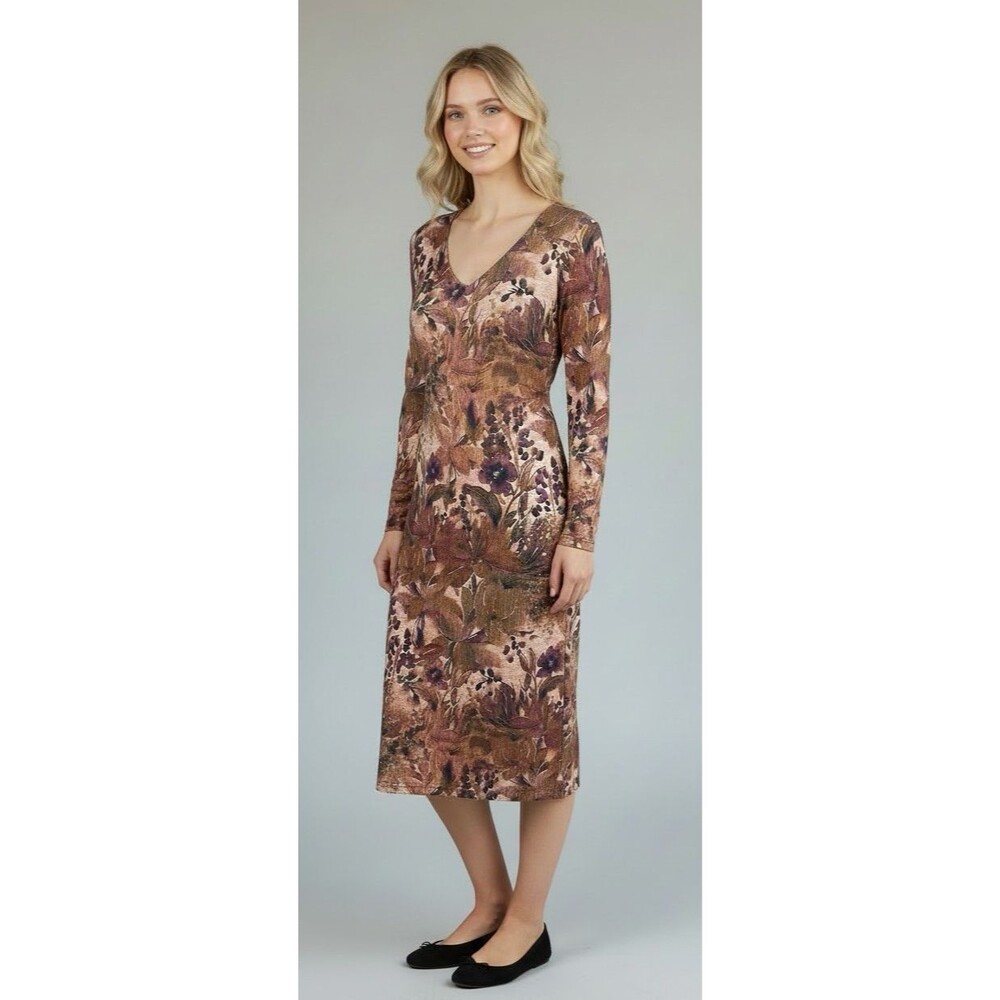 Soft Surroundings NEW womens autumn foliage v-neck midi dress Petite Small